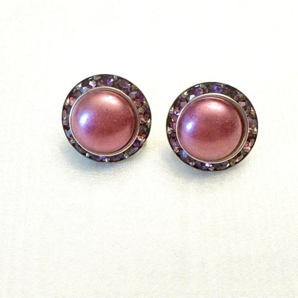 Vintage Plastic Cabochon Rhinestone Earrings Silver Tone Screw Back - Picture 3 of 11